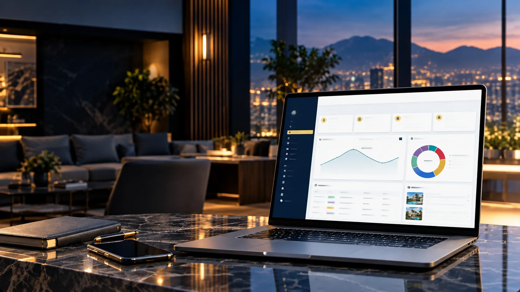 Plataforma inmobiliaria Urbix en una laptop sobre un escritorio, con vistas a la ciudad