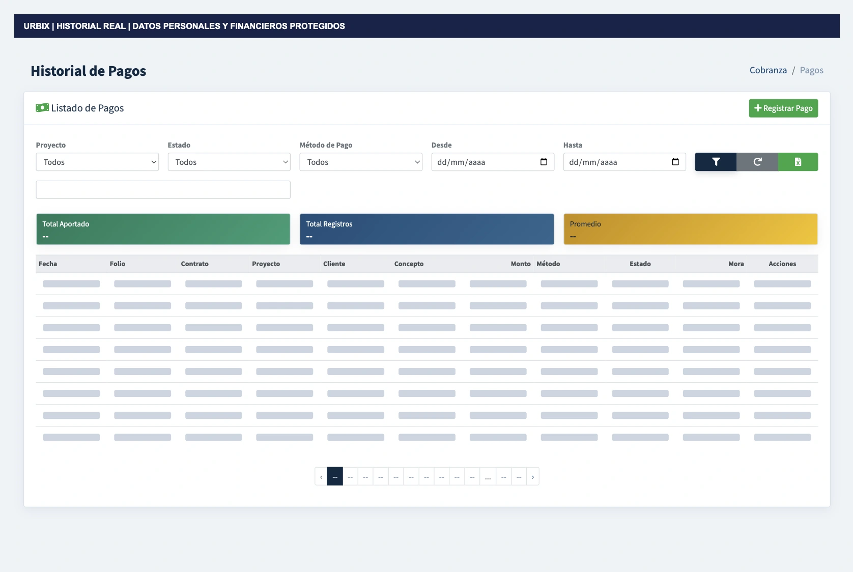 Historial de pagos de Urbix con filtros y movimientos. Datos de clientes, contratos e importes protegidos.